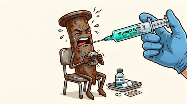 Cartoon bread with rust crying while getting anti rust fluid injection