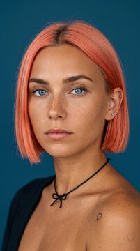 Striking studio portrait of young woman with vivid pink hair, dark background, bold beauty and fashion editorial style