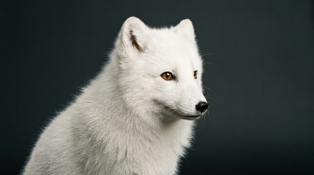 Close-up portrait of a white arctic fox with soft fur, staring directly at camera against dark background