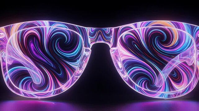Colorful swirling pattern sunglasses displayed against a dark background, showcasing vibrant hues and intricate designs in a visually striking arrangement