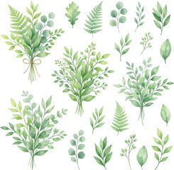 Fototapeta premium Watercolor green leaves and botanical plant bouquets set isolated on white background