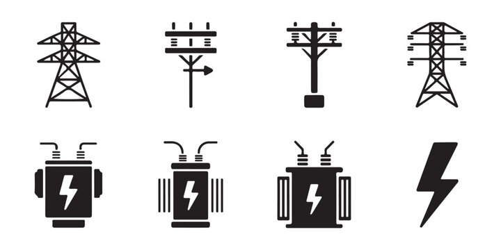 Set of black icon electrical transformer and power lines on transparent background vector.