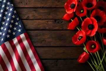Obraz premium American Flag with Red Poppies on Rustic Wooden Background