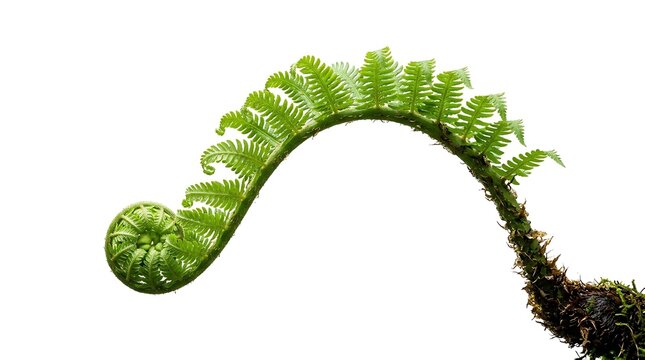 A single green fern frond unfurling against a clean white background.