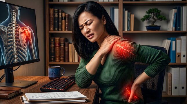 Stressed woman experiencing shoulder and back pain while working at her desk in office with suffering physical discomfort