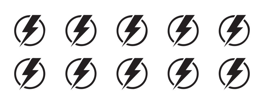 Set of ten black electricity lightning bolt icons inside circles isolated on transparent background.
