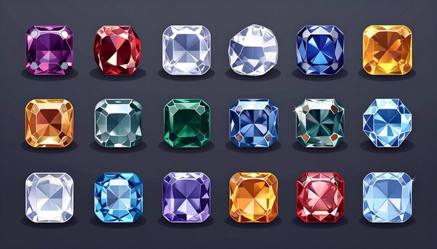 Colorful collection of square cut gemstones on dark background.