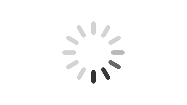 A minimalist loading wheel animation with grey segments rotating in a clockwise loop on a plain white background.