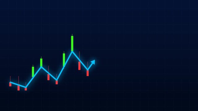 Animated candlestick stock market chart showing upward and downward trends over time on a dark blue background.