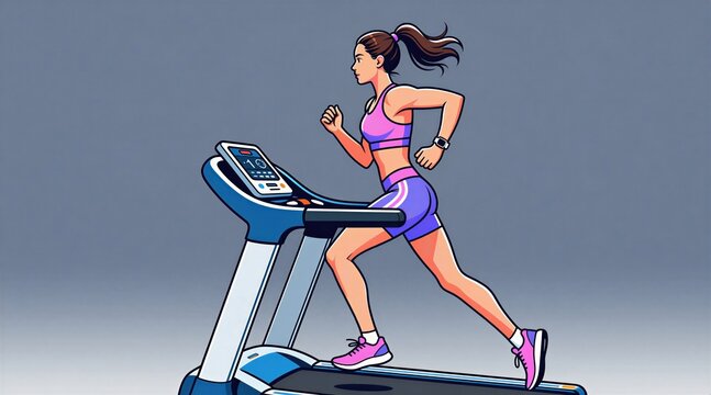 Fit woman runs on modern treadmill machine indoors. Female athlete trains in gym using cardio equipment, monitors workout progress on digital display. She wears sportswear and fitness tracker watch.