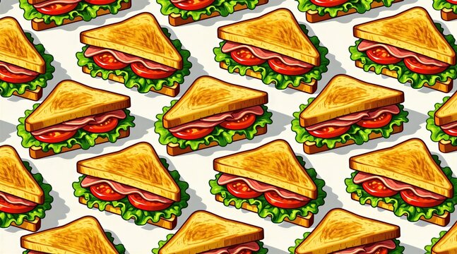 Seamless pattern with toasted bread sandwiches. Breakfast food items include ham tomato, lettuce leaf fillings. Colorful graphic illustration repeats delicious snacks on white background. Tasty lunch