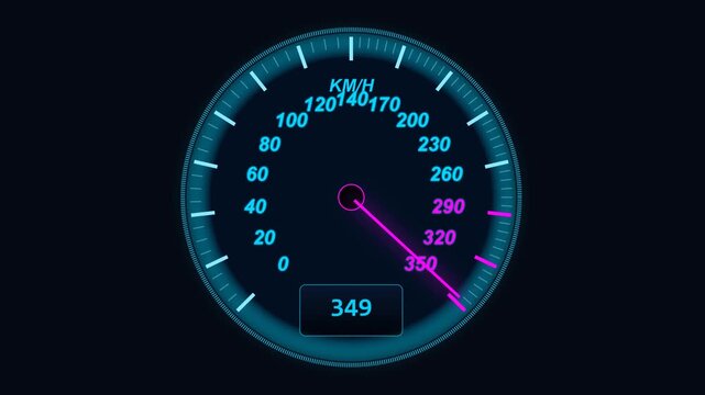 Digital speedometer dial interface showing rapid acceleration from low to maximum high speeds in kilometers per hour on a dark background.