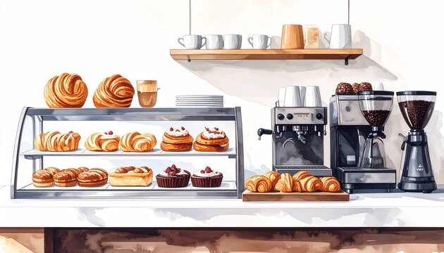 Artisanal bakery display case with assorted pastries and breads.