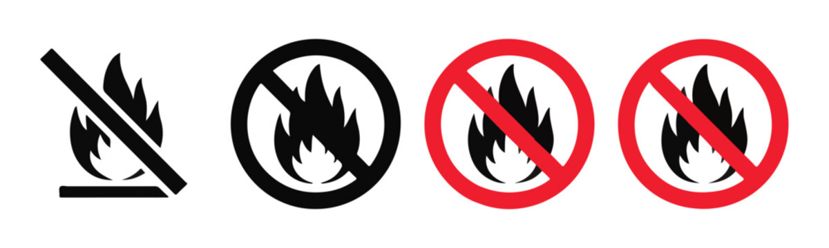 Set of black no fire sign and fire on a transparent background prohibiting open flames.