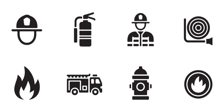 Firefighting icon set. firefighter helmet, fire truck, hydrant, and flame signs.