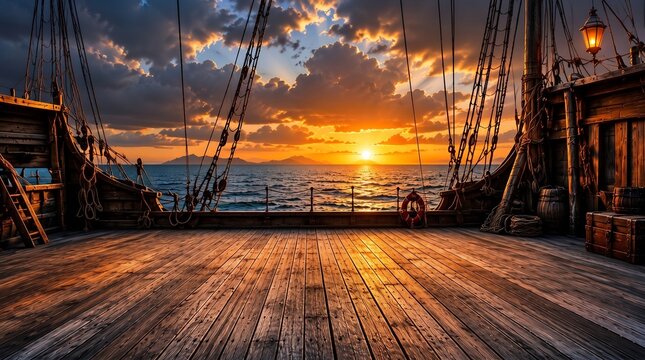 Vintage Sailing Ship Deck at Golden Sunset Digital Oil Painting Over Calm Ocean