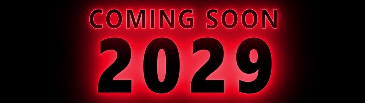 Coming soon 2029 neon red text animation on black background, for new year, countdown and event teaser
