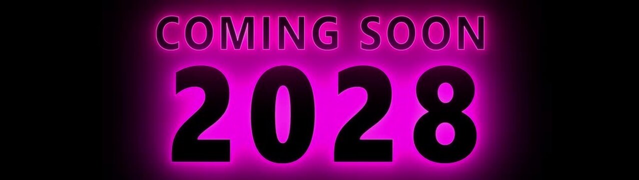 Coming soon 2028 neon glowing text animation on black background, for new year, countdown and event teaser