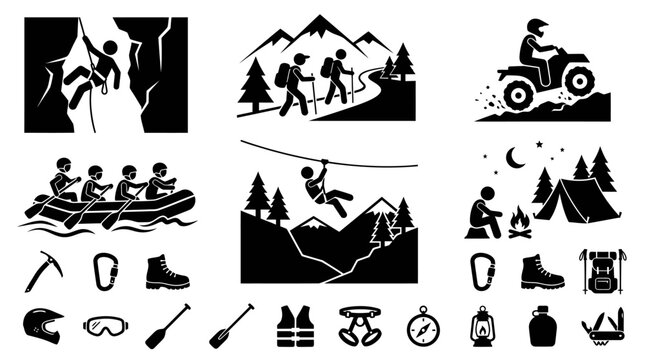 Outdoor adventure and extreme sports silhouette icons set.