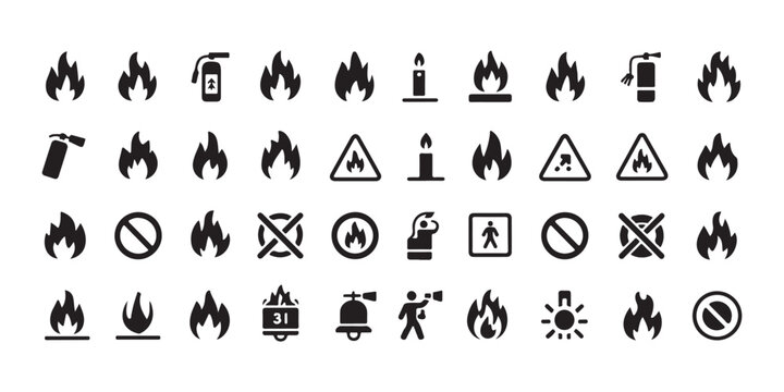 Comprehensive collection of fire safety signs and hazard symbols on isolated gray grid background.