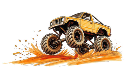 Dynamic Yellow Monster Truck Jumping and Splashing Dirt Ideal for Off road Adventure Designs © ZeinLens