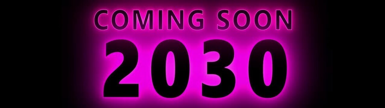 Coming soon 2030 neon sign animation, futuristic countdown motion for marketing and event teasers glowing
