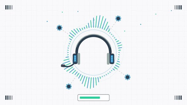 Digital Headphones Pulsing with Animated Sound Wave Equalizer on White Background