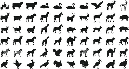 Obraz premium Silhouette illustration of diverse animals including farm, wild, and birds arranged in grid symbolizing classification, recognition, nature, education