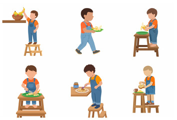 Set of illustrations of little boys preparing healthy snacks with bananas in the kitchen.