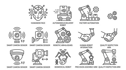 Obraz premium Robotics and AI automation line icon set.