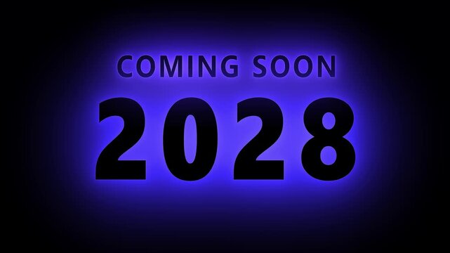 Coming soon 2028 neon glow text animation, futuristic countdown announcement background, glowing
