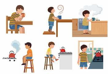 Fototapeta premium Child safety in the kitchen illustration set showing a boy near hot kettles and boiling water