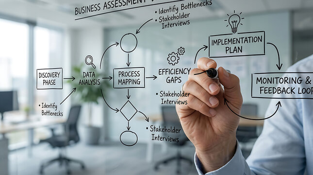 Business professional drawing a complex workflow process map on a glass whiteboard in an office.