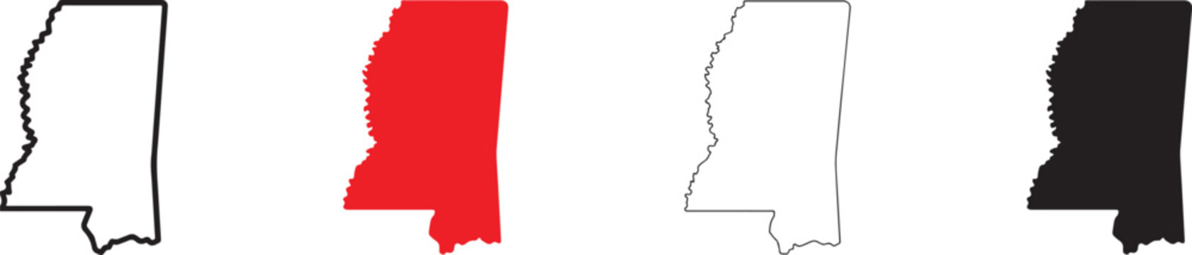 Mississippi state map icon set. US state outline vector symbols for maps, location, navigation, GIS.