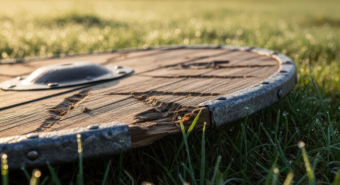 Ancient Viking Round Shield Lying in Dewy Grass at Sunrise, Historical Reenactment Prop
