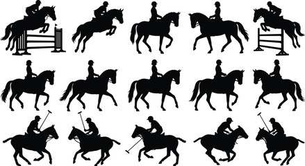 Obraz premium Equestrian sports silhouette collection featuring horse riding jumping dressage and polo players for athletic graphic design