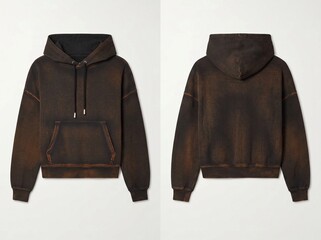 Front and back view of a vintage brown acid wash hoodie on a plain background © holycityprinting