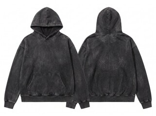 Front and Back View of an Oversized Vintage Washed Charcoal Hoodie Mockup Isolated on White Background © holycityprinting