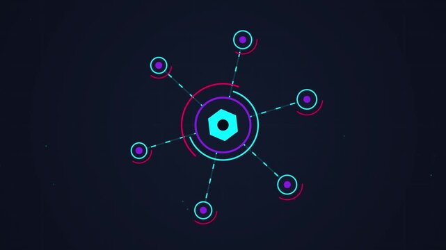 Digital Network Animation Displaying Connected Nodes with Glowing Elements on Dark Background
