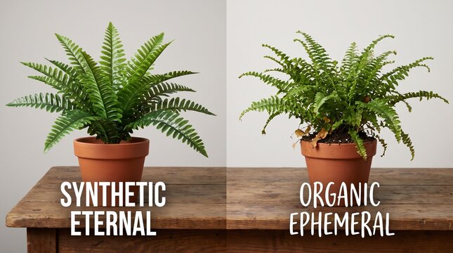 Side by side view of artificial and real green fern plants in clay pots on rustic wooden desk