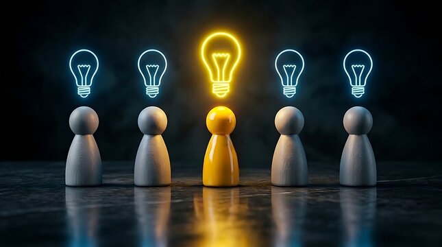 Yellow wooden figure with glowing lightbulb standing out from grey crowd symbolizing innovation and unique idea