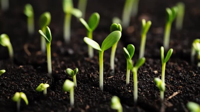 The growth of plant seedlings in the soil, seeds breaking through the soil and sprouting and growing