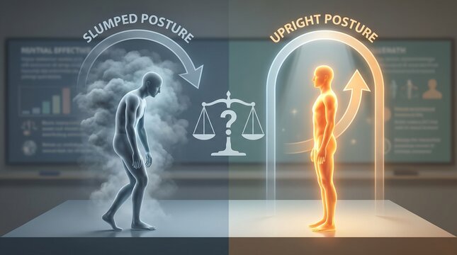 Infographic illustration comparing bad slumped posture and healthy upright standing position.