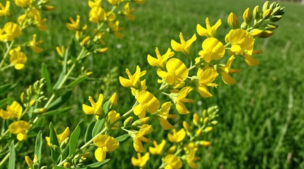 Fototapeta premium Yellow sweet clover plant with green grass background. Small yellow flowers bloom on stems with leaves. Wild plant grows in nature during summer. Botanical closeup shows detail.
