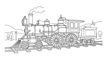 Vintage steam locomotive coloring page vector, antique train engine line art illustration, retro railway transport on tracks for kids activity © fanii996