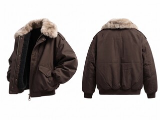 Brown Winter Bomber Jacket with Faux Fur Collar Front and Back View Product Mockup Isolated on White Background © holycityprinting