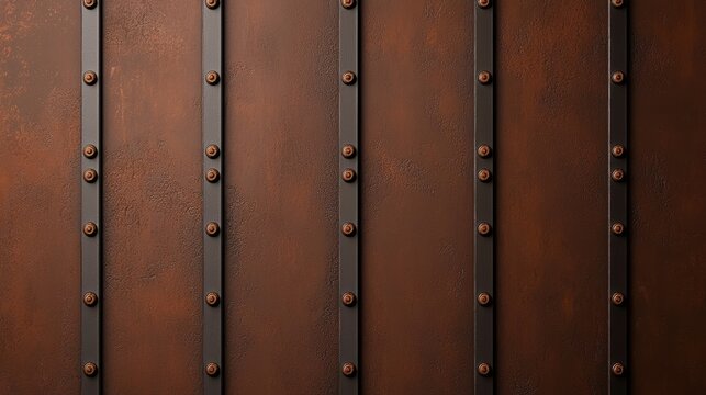 Close-up of a rusty metal surface with vertical riveted panels showing texture and aged weathering.