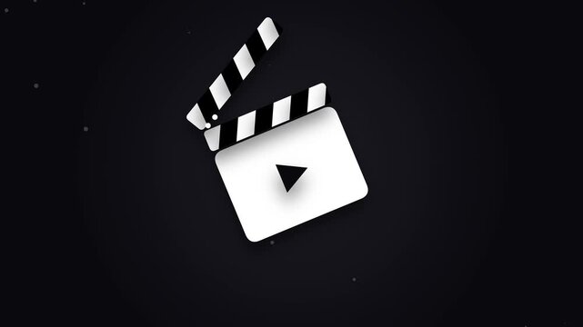 White Movie Clapperboard Icon Floating Against Dark Black Background with Subtle Animation