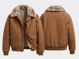 Men's Brown Bomber Jacket with Faux Fur Collar - Front and Back View Product Shot © holycityprinting