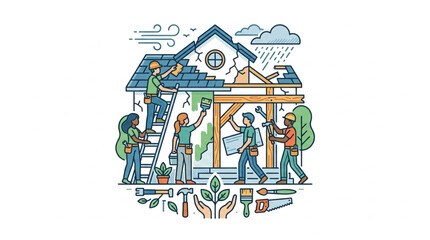 Fototapeta premium Colorful illustration of house construction team at work.